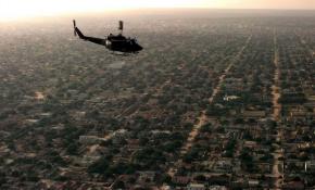 A U.S. helicopter over Mogadishu during the U.S. intervention in Somalia in the early 1990s